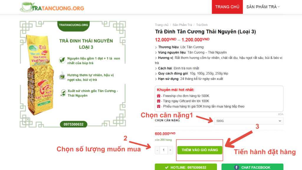 Lựa chọn khối lượng, số lượng của sản phẩm và tiến hành đặt hàng